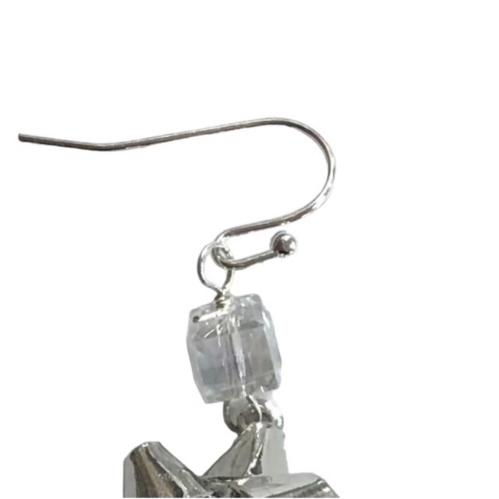 HANDCRAFTED SILVER Metallic Starburst Bow And Square CRYSTAL Glass BEAD Earrings - Picture 3 of 8